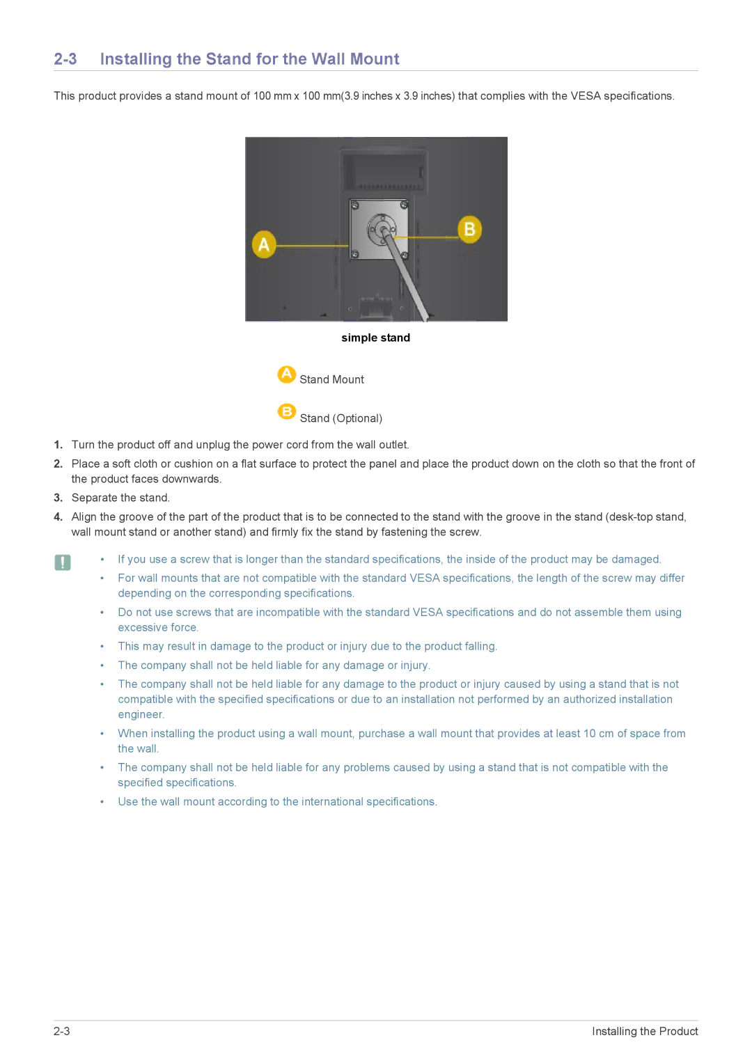 Samsung LS19A200BWT/EN manual Installing the Stand for the Wall Mount, Simple stand 