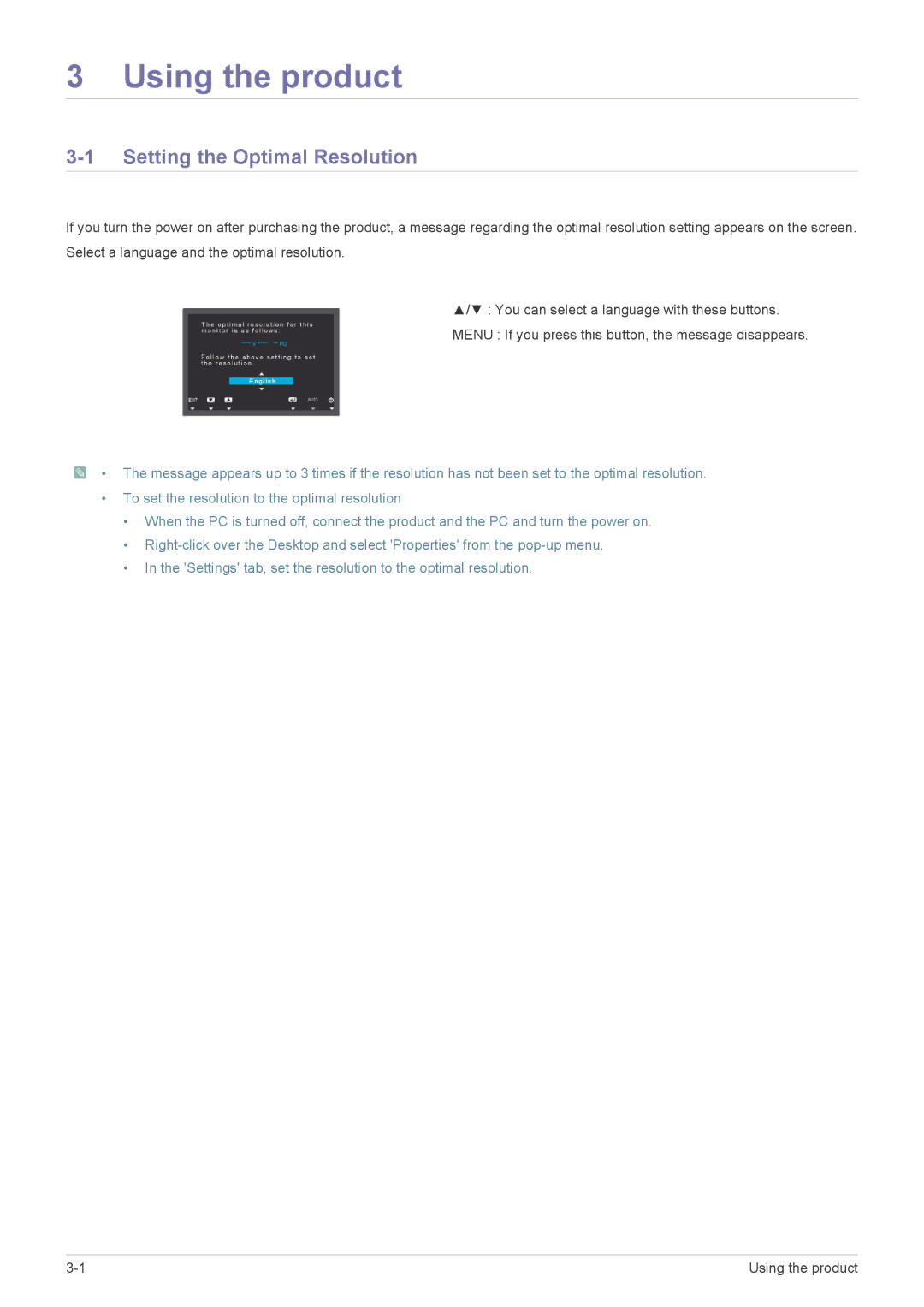 Samsung LS19A200BWT/EN manual Using the product, Setting the Optimal Resolution 