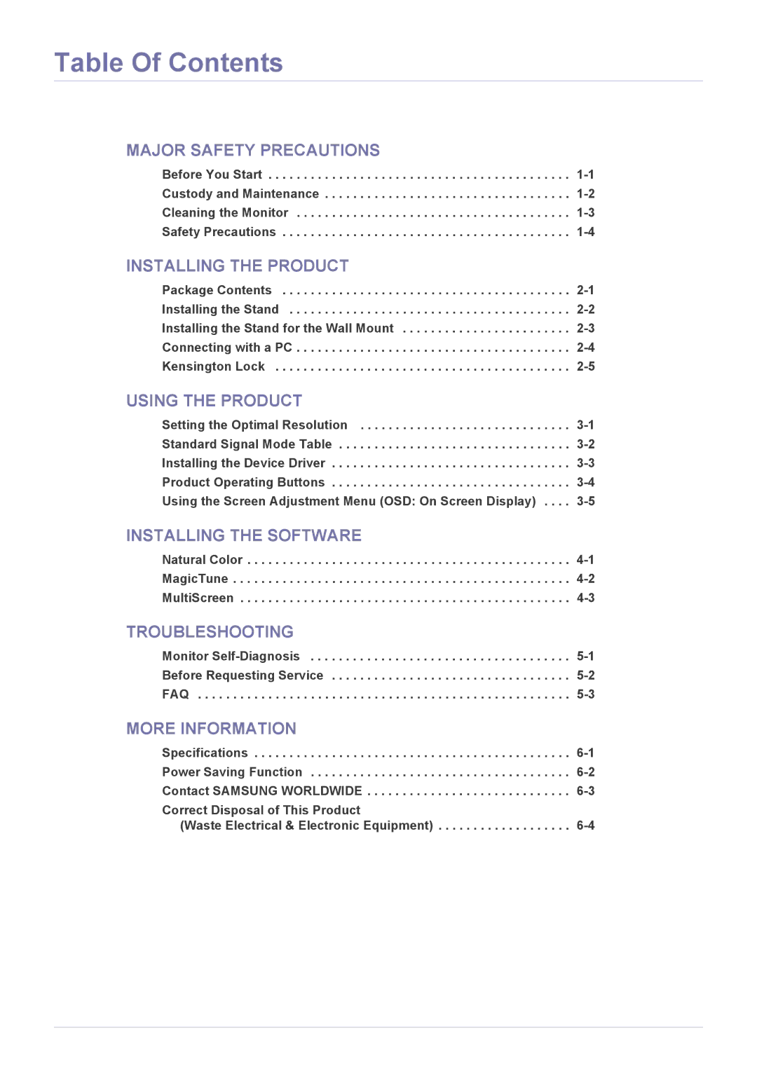 Samsung LS19A200BWT/EN manual Table Of Contents 