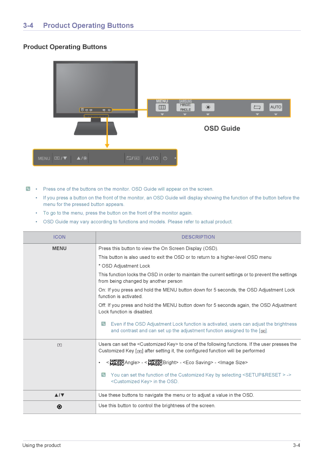 Samsung LS19A200BWT/EN manual Product Operating Buttons, Icon Description 