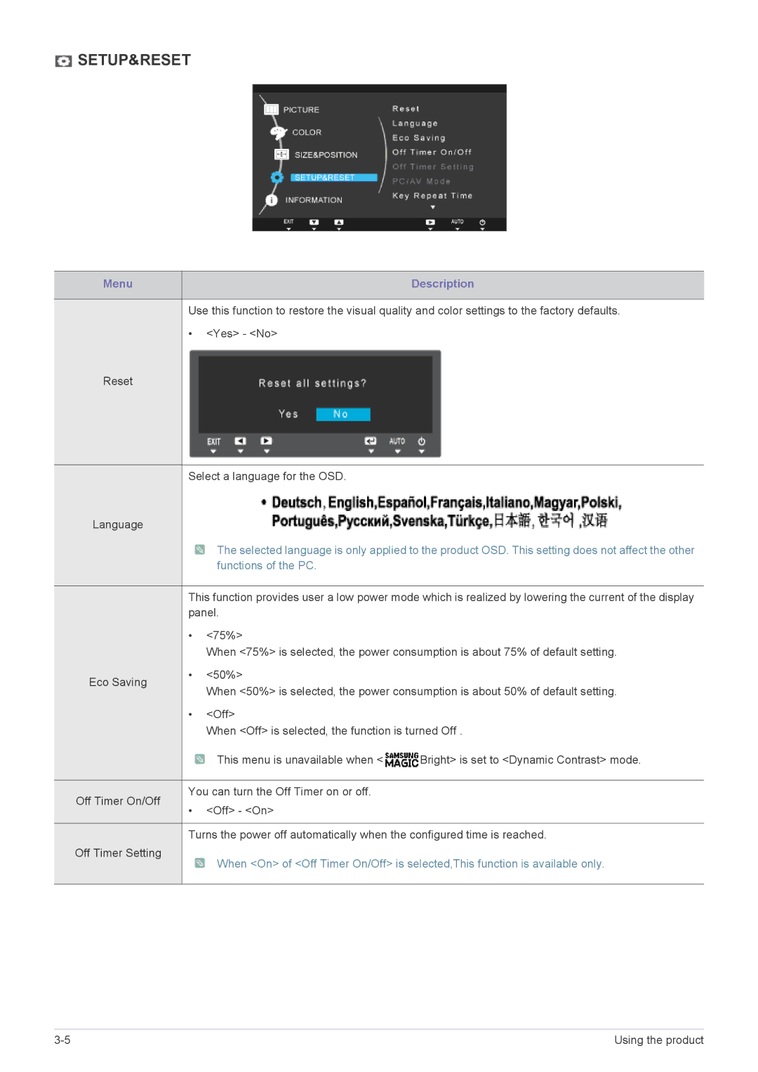 Samsung LS19A200BWT/EN manual Setup&Reset 