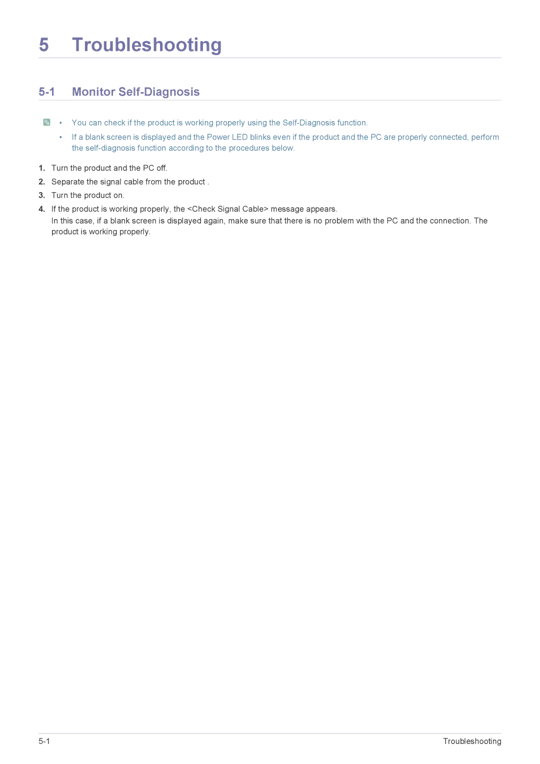 Samsung LS19A200BWT/EN manual Troubleshooting, Monitor Self-Diagnosis 