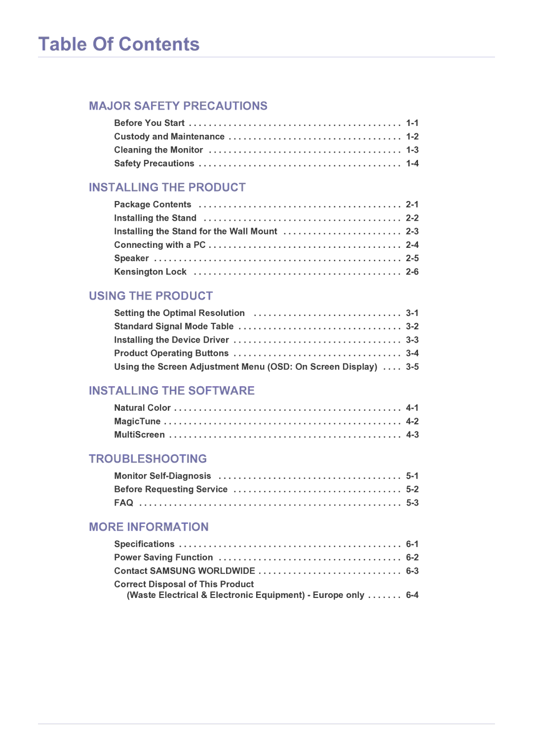 Samsung LS19A200MWT/CI, LS19A200MWT/CH manual Table Of Contents 