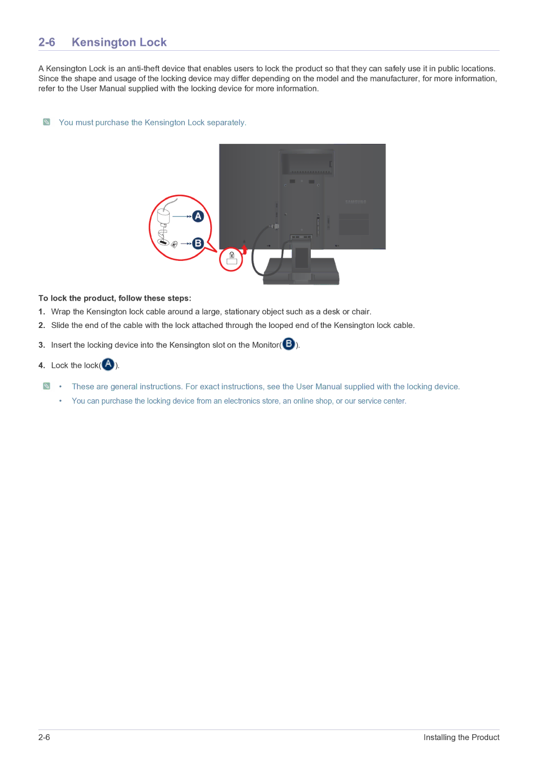 Samsung LS19A200MWT/CI, LS19A200MWT/CH manual Kensington Lock, To lock the product, follow these steps 