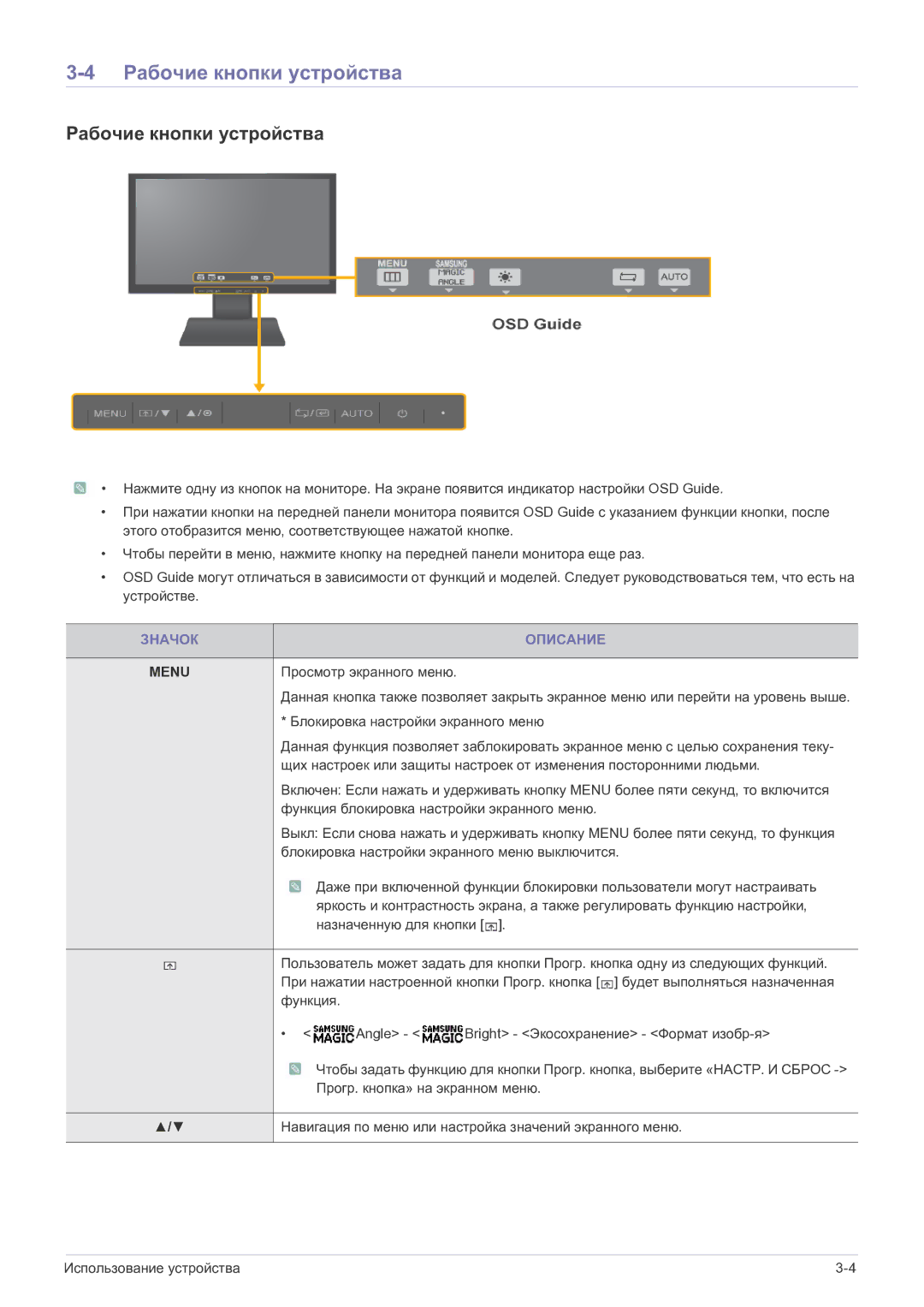 Samsung LS19A200MWT/CI manual Рабочие кнопки устройства, Значок Описание 