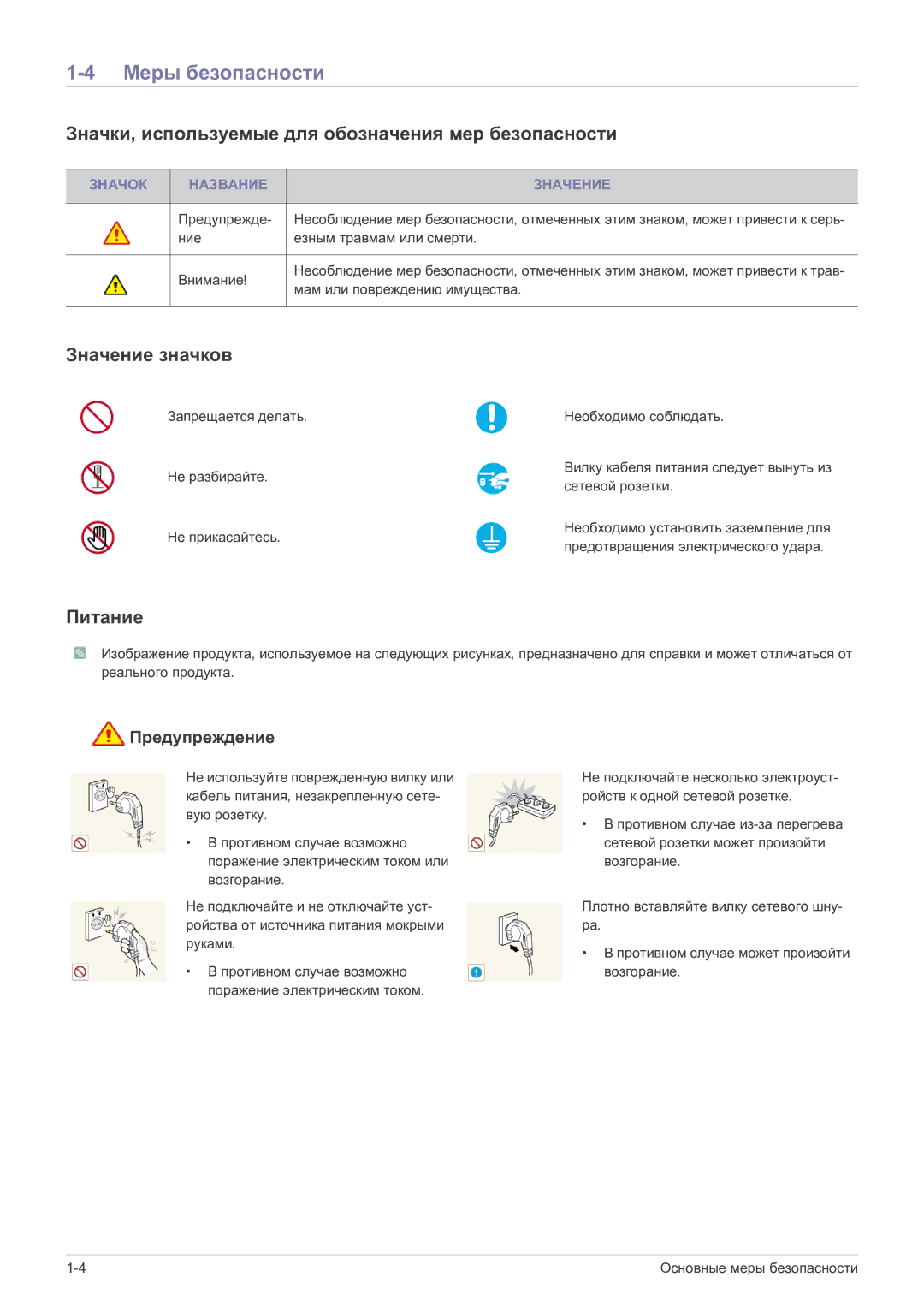 Samsung LS19A200MWT/CI Меры безопасности, Значки, используемые для обозначения мер безопасности, Значение значков, Питание 