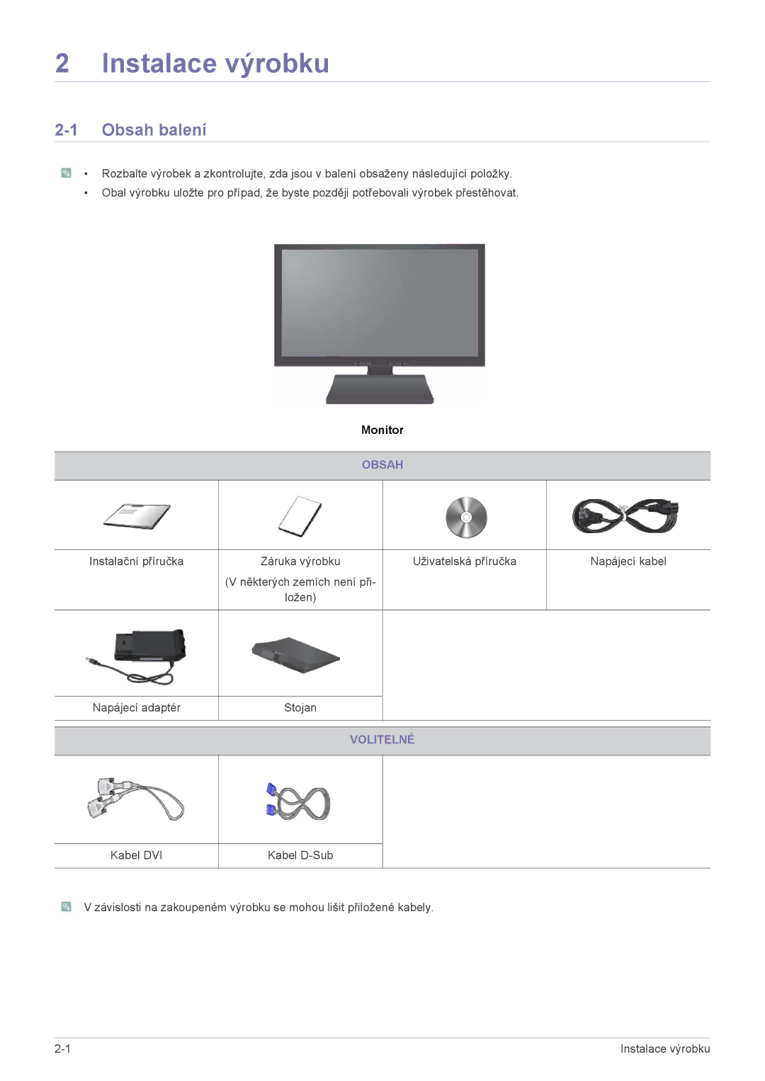 Samsung LS19A200NW/EN, LS19A200NWT/EN, LS22A200BST/EN manual Instalace výrobku, Obsah balení, Volitelné 