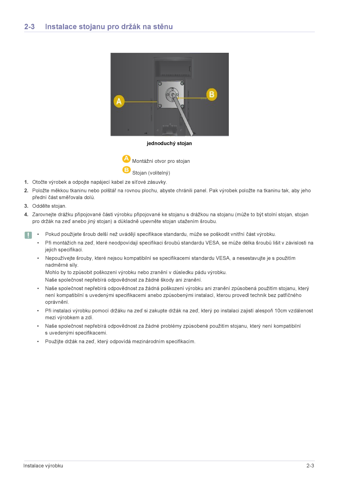 Samsung LS19A200NW/EN, LS19A200NWT/EN, LS22A200BST/EN manual Instalace stojanu pro držák na stěnu, Jednoduchý stojan 