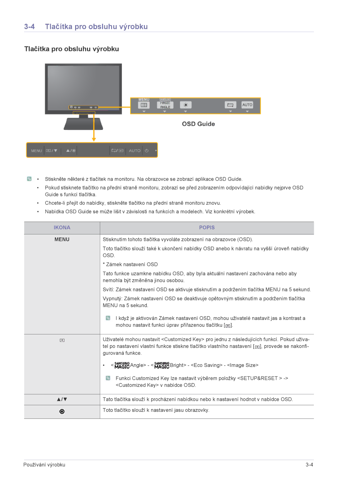 Samsung LS22A200BST/EN, LS19A200NW/EN, LS19A200NWT/EN manual Tlačítka pro obsluhu výrobku, Ikona Popis 