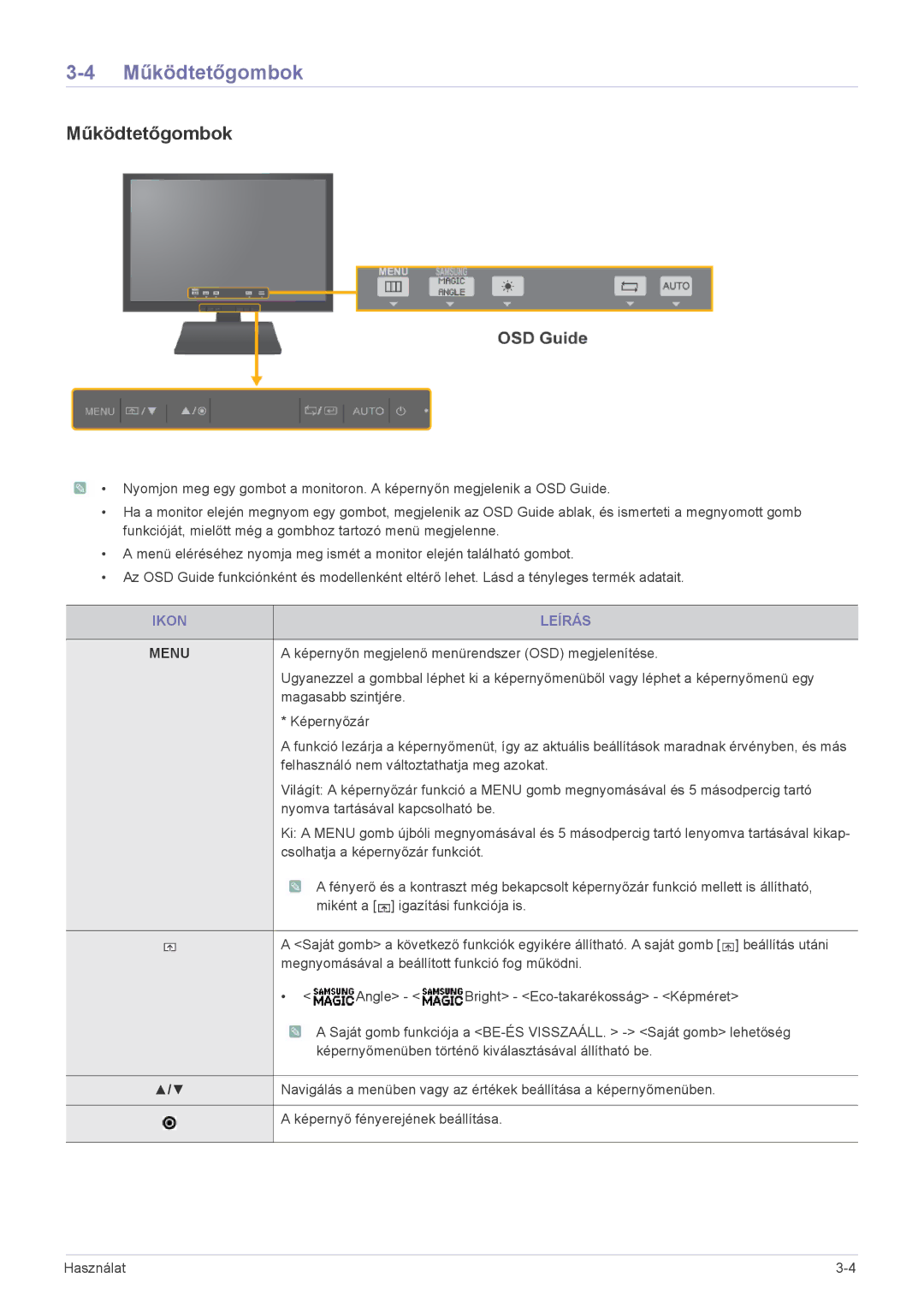 Samsung LS22A200BST/EN, LS19A200NW/EN, LS19A200NWT/EN manual Működtetőgombok, Ikon Leírás 