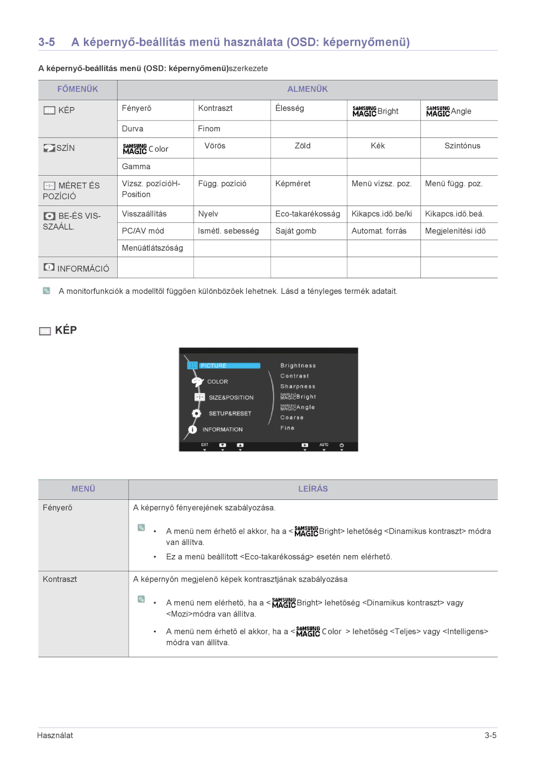 Samsung LS19A200NWT/EN, LS19A200NW/EN A képernyő-beállítás menü használata OSD képernyőmenü, Főmenük Almenük, Menü Leírás 