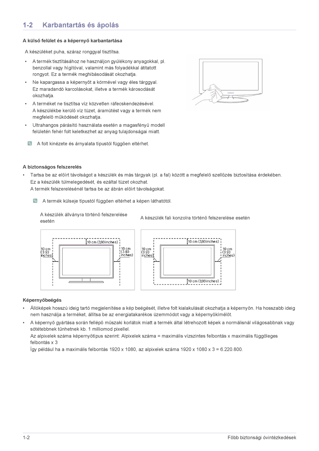 Samsung LS19A200NWT/EN manual Karbantartás és ápolás, Külső felület és a képernyő karbantartása, Biztonságos felszerelés 