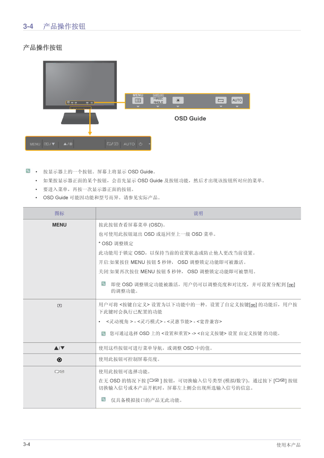 Samsung LS19A200NWT/EN, LS19A200NW/EN, LS22A200BST/EN manual 4产品操作按钮 