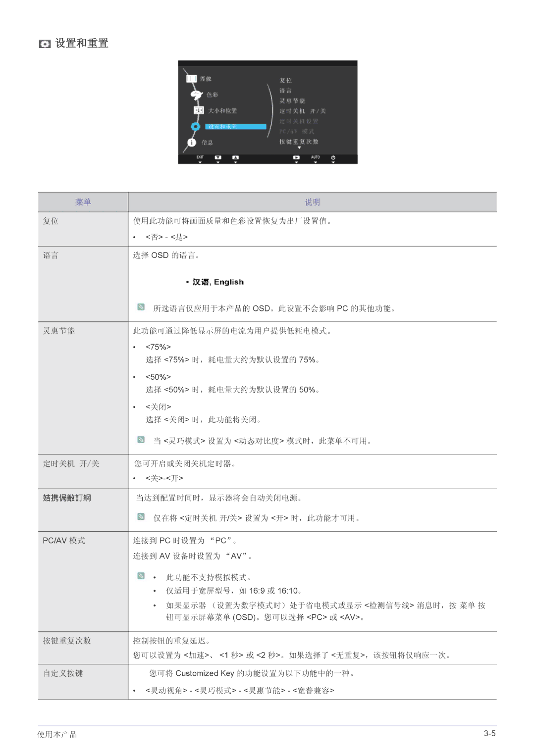 Samsung LS22A200BST/EN, LS19A200NW/EN, LS19A200NWT/EN manual 设置和重置 