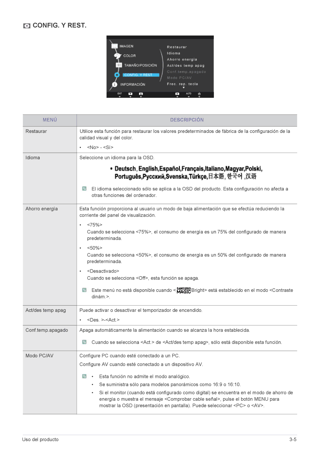 Samsung LS19A200NW/EN manual CONFIG. Y Rest 