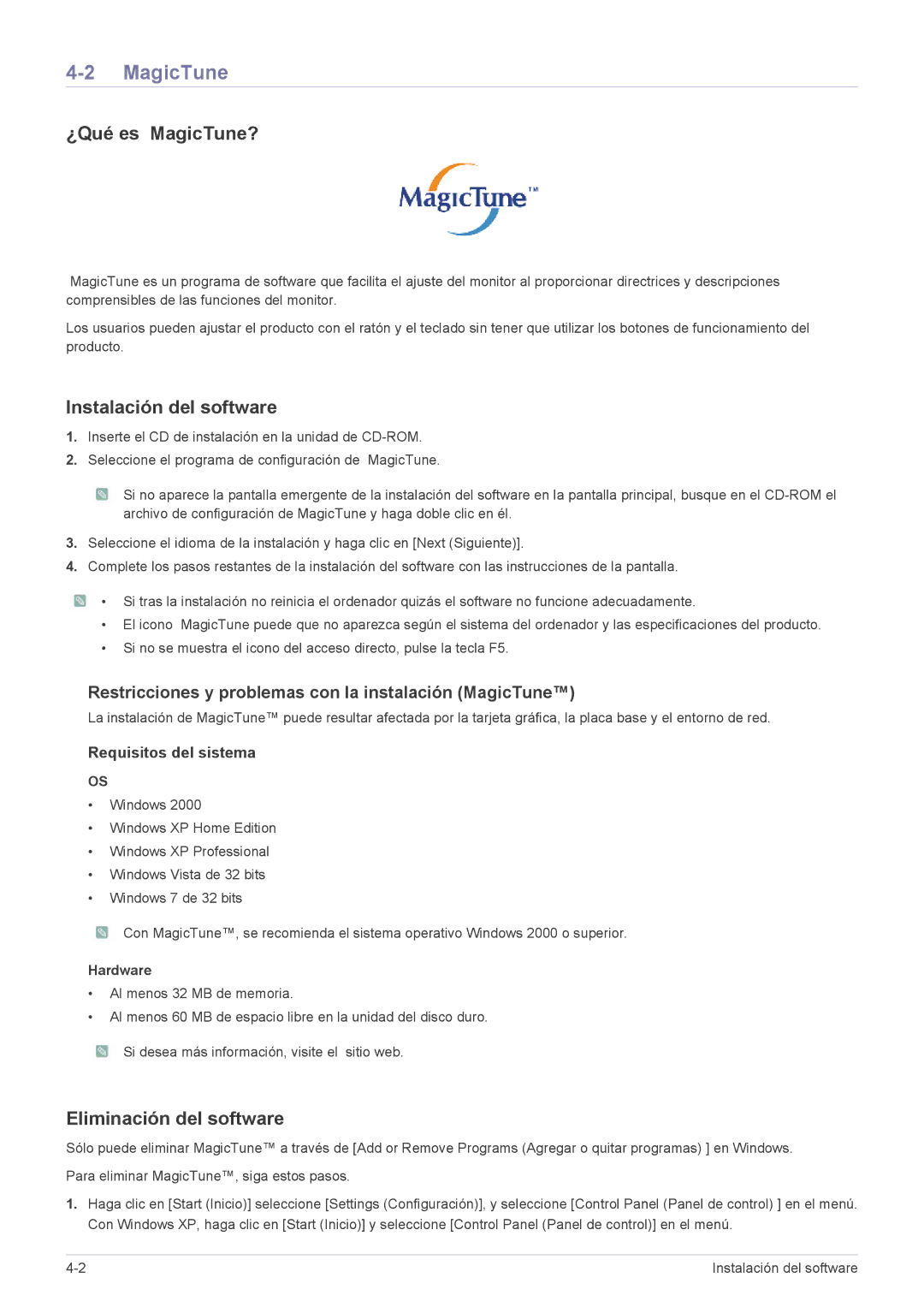 Samsung LS19A200NW/EN manual ¿Qué es MagicTune?, Instalación del software, Eliminación del software, Hardware 