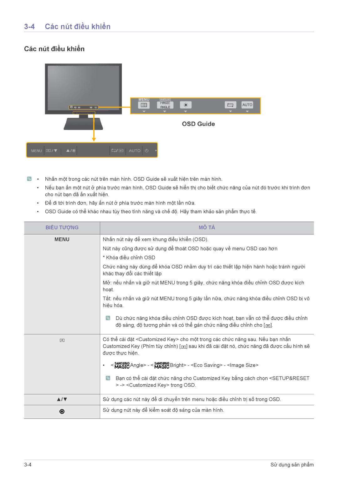 Samsung LS19A200NW/EN manual Các nút điều khiển, Biểu Tượng MÔ TẢ 