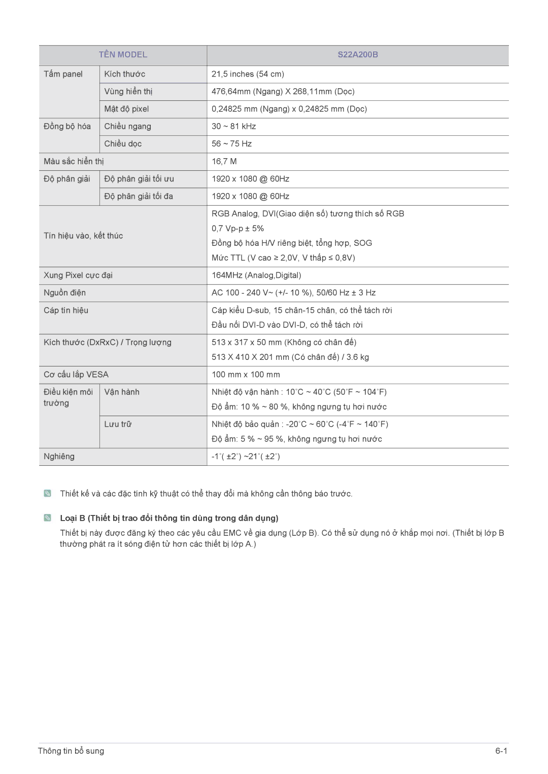 Samsung LS19A200NW/EN manual S22A200B, Loại B Thiết bị trao đổi thông tin dùng trong dân dụng 