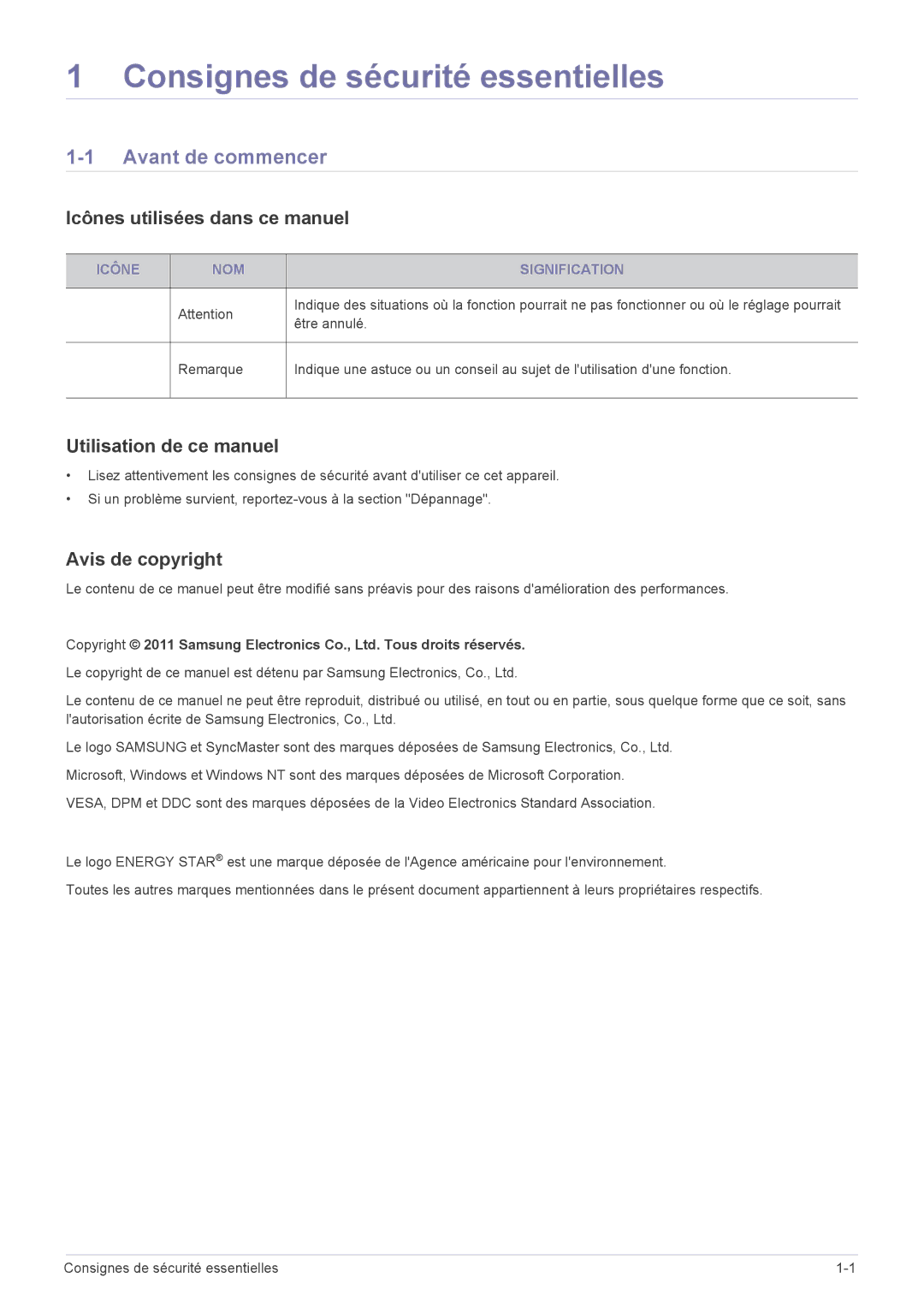 Samsung LS22A200BST/EN manual Consignes de sécurité essentielles, Avant de commencer, Icônes utilisées dans ce manuel 