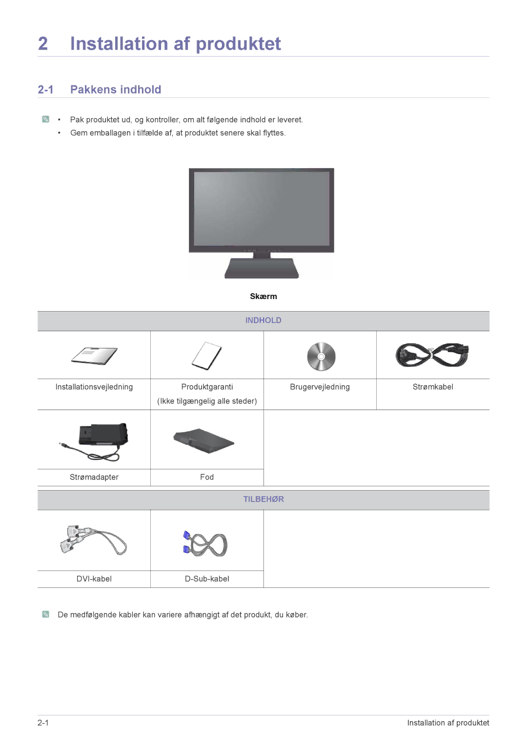 Samsung LS19A200NWT/EN, LS22A200BST/EN manual Installation af produktet, Pakkens indhold, Indhold, Tilbehør 