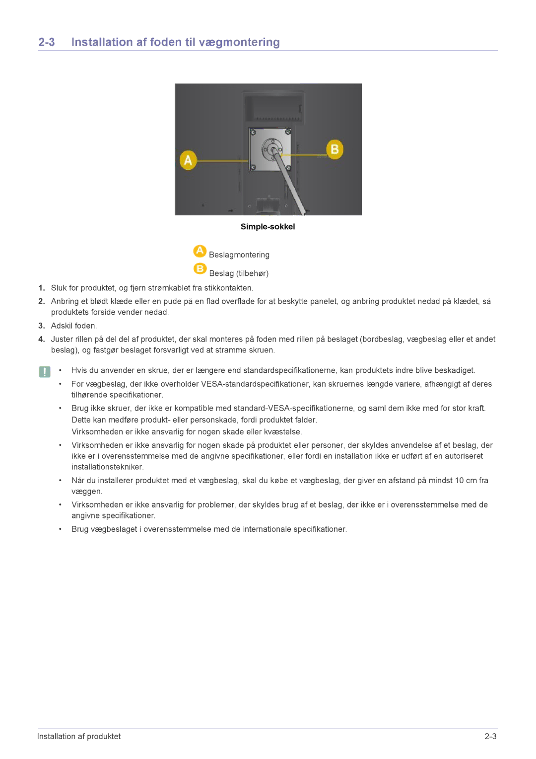 Samsung LS22A200BST/EN, LS19A200NWT/EN manual Installation af foden til vægmontering, Simple-sokkel 