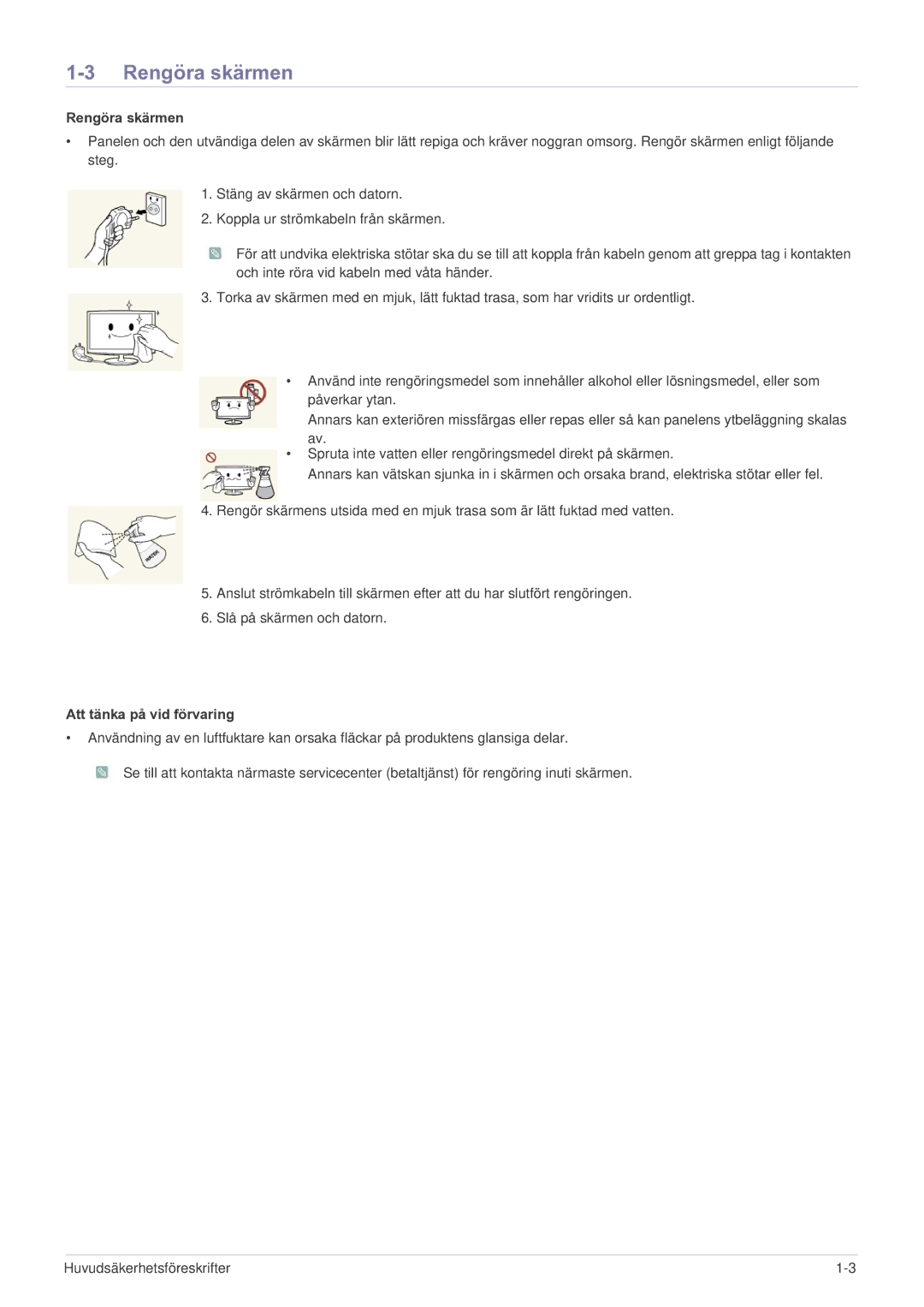 Samsung LS22A200BST/EN, LS19A200NWT/EN manual Rengöra skärmen, Att tänka på vid förvaring 