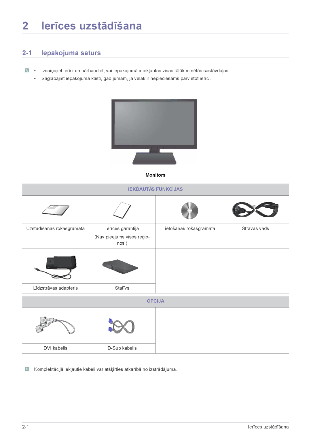 Samsung LS19A200NWT/EN, LS22A200BST/EN manual Ierīces uzstādīšana, Iepakojuma saturs, Iekďautās Funkcijas, Opcija 