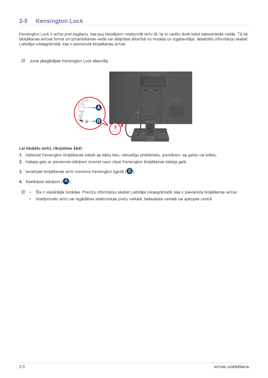 Samsung LS19A200NWT/EN, LS22A200BST/EN manual Kensington Lock, Lai bloķētu ierīci, rīkojieties šādi 