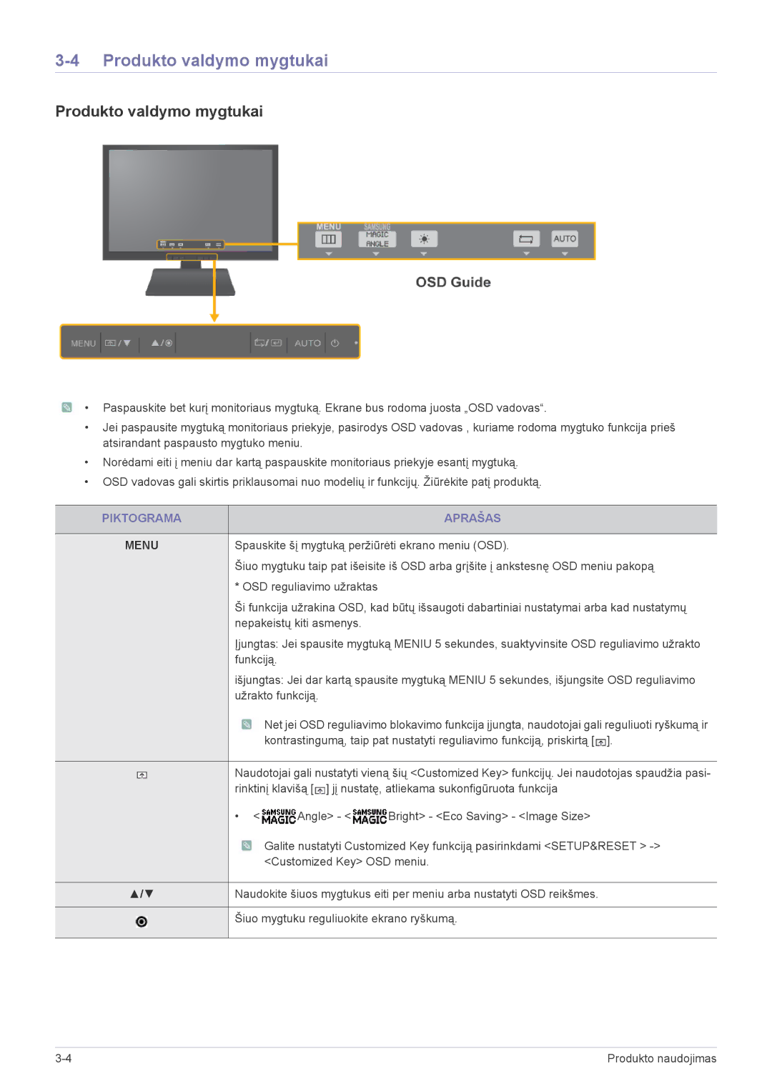 Samsung LS19A200NWT/EN, LS22A200BST/EN manual Produkto valdymo mygtukai, Piktograma Aprašas 