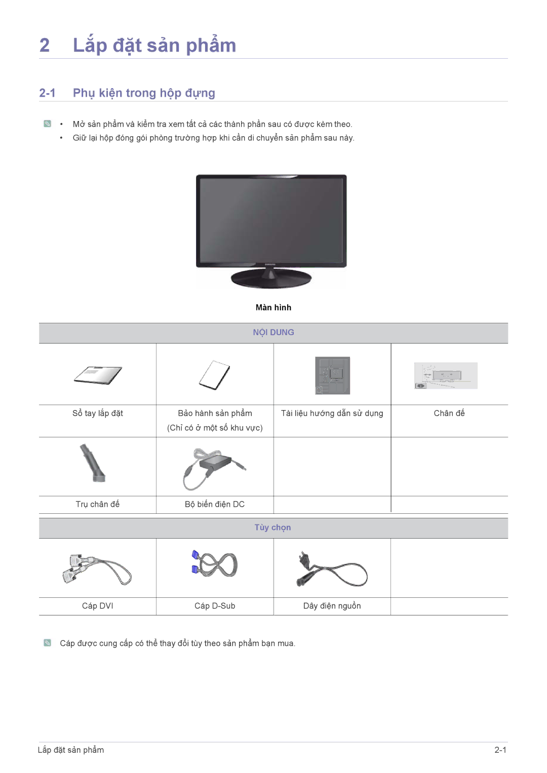 Samsung LS19A300NSMXV, LS20A300BSMXV manual Phụ kiện trong hộp đựng, NỘI Dung, Tùy chọn 