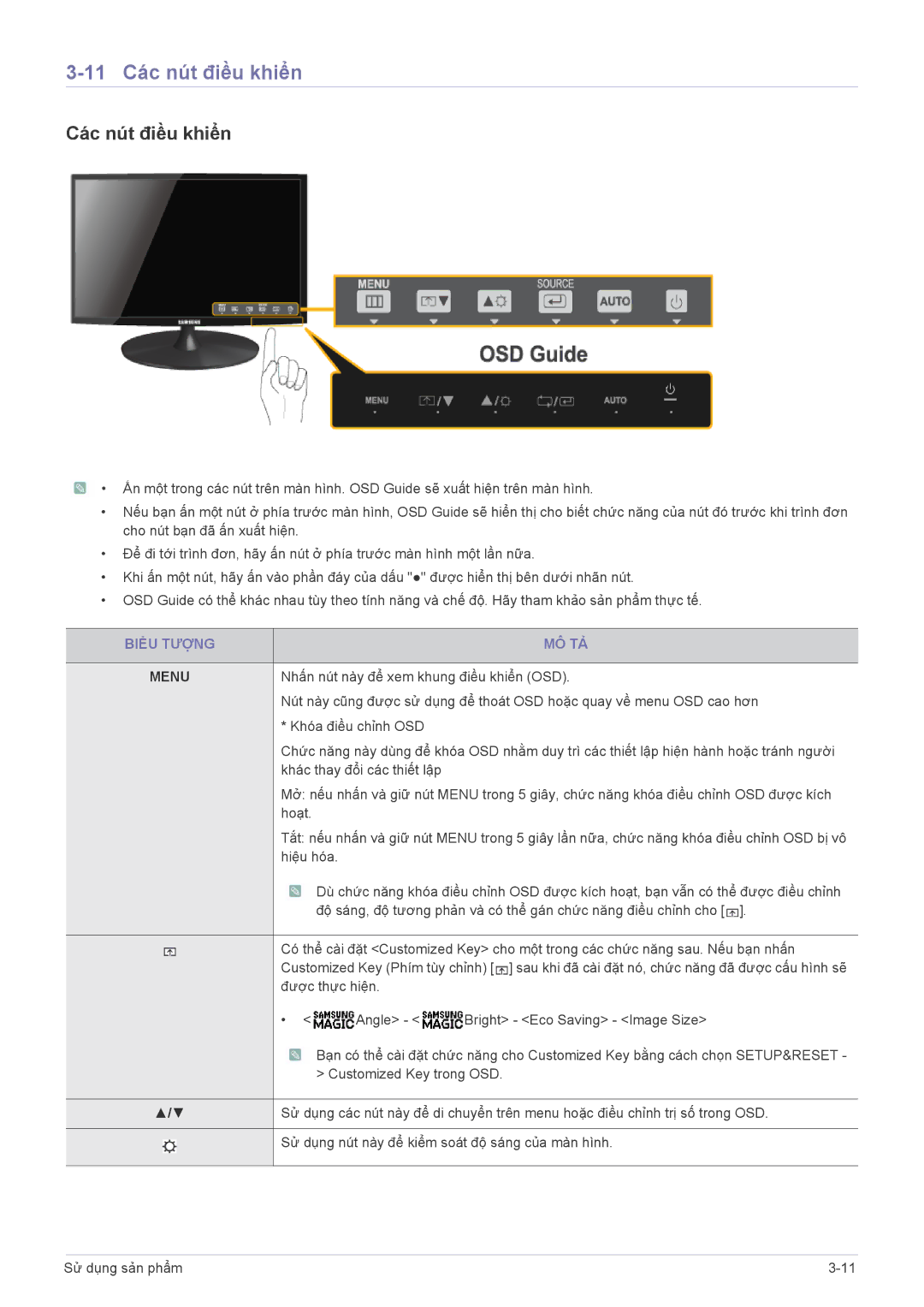 Samsung LS19A300NSMXV, LS20A300BSMXV manual 11 Các nút điều khiển, Biểu Tượng MÔ TẢ 