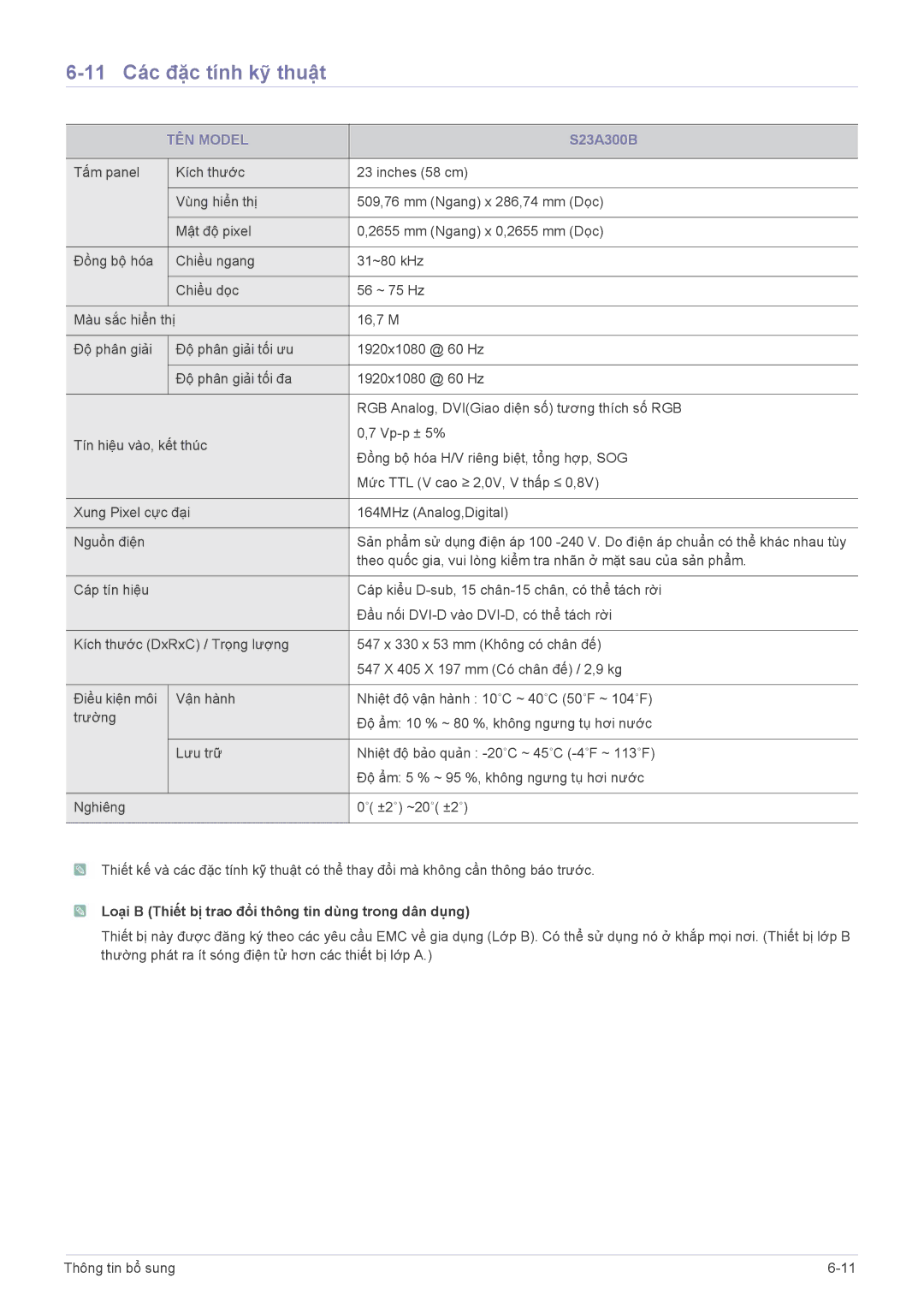 Samsung LS20A300BSMXV, LS19A300NSMXV manual 11 Các đặc tính kỹ thuật, S23A300B 