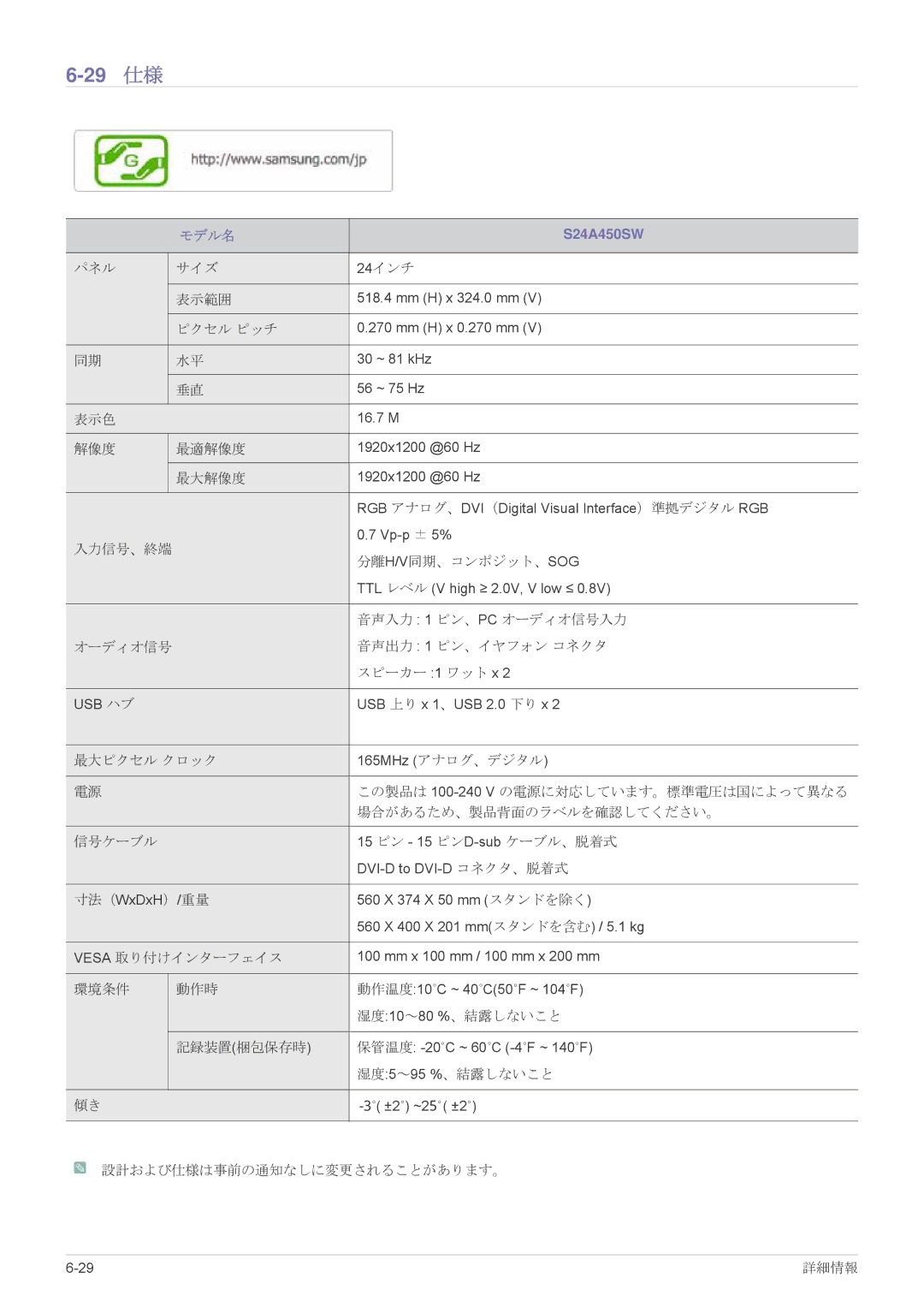 Samsung LS24A450BWU/XJ, LS19A450BRU/XJ, LS19A450BRT/XJ manual 29 仕様, S24A450SW 