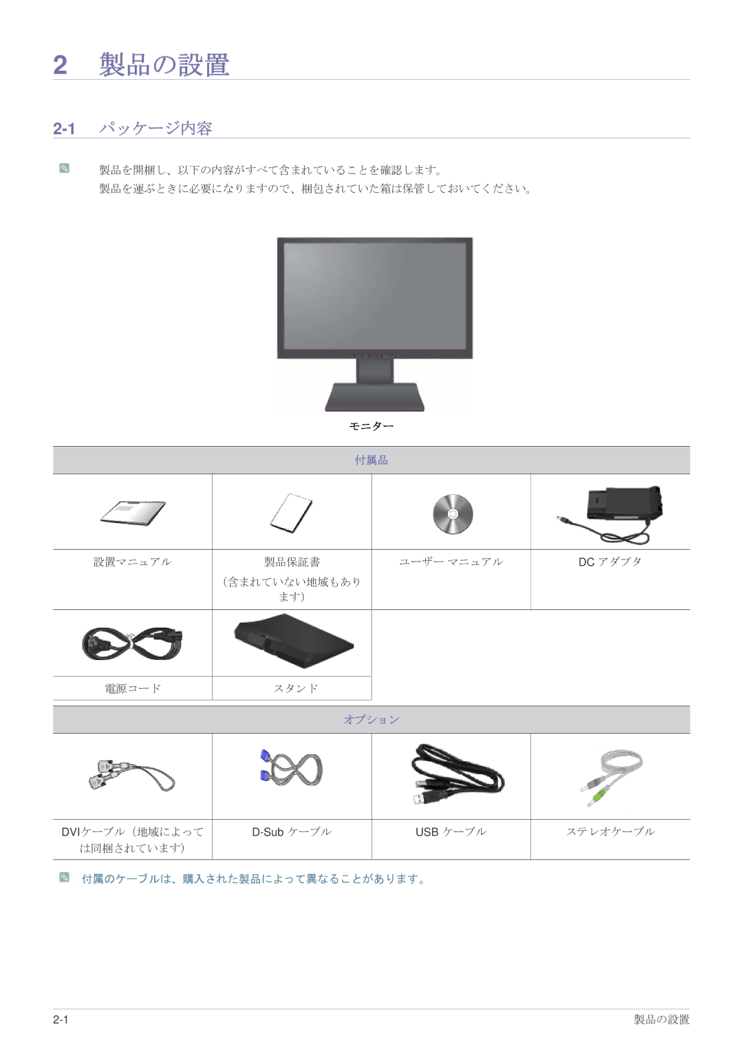 Samsung LS24A450BWU/XJ, LS19A450BRU/XJ, LS19A450BRT/XJ manual 製品の設置, 1パッケージ内容 