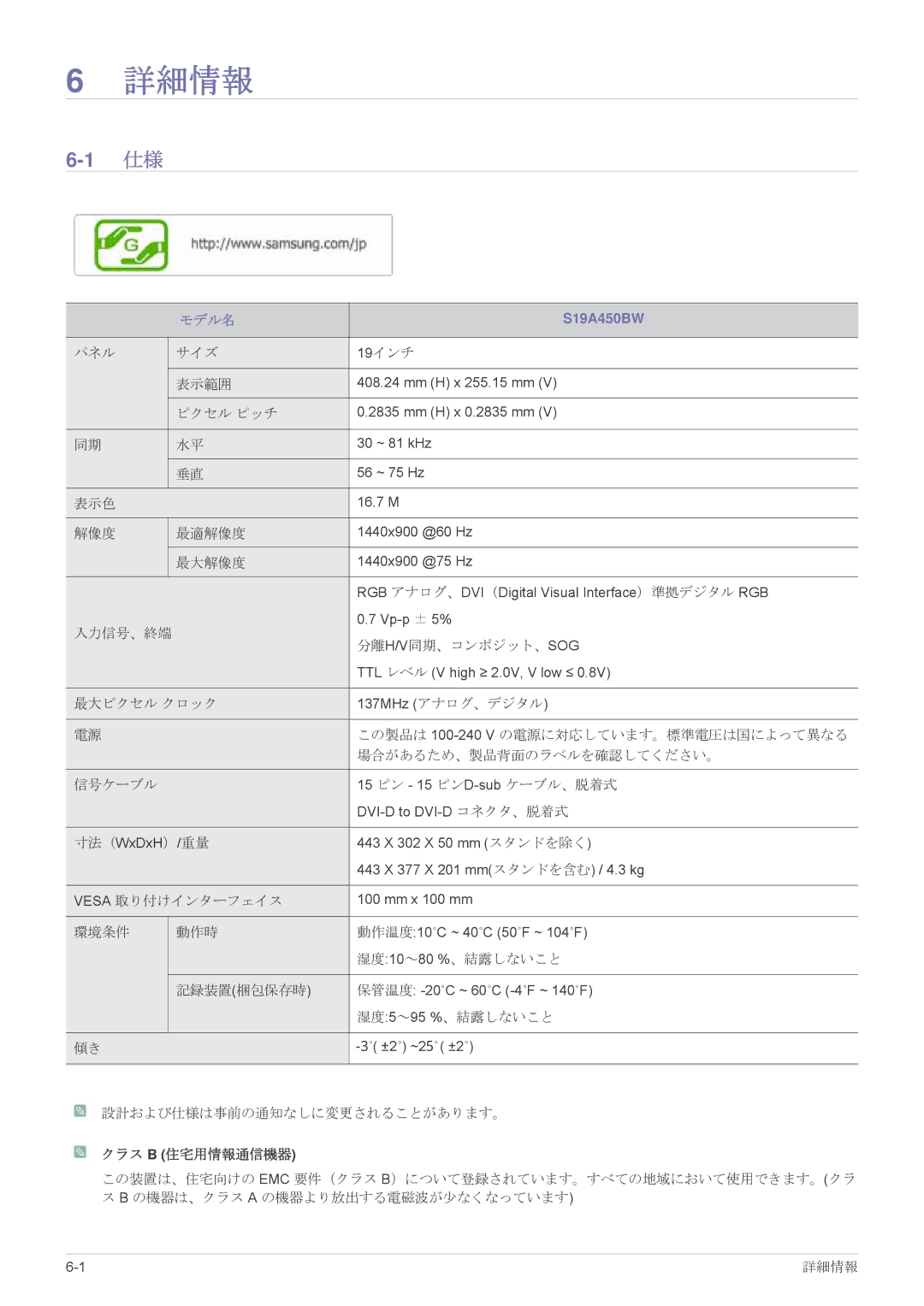 Samsung LS19A450BRT/XJ, LS19A450BRU/XJ, LS24A450BWU/XJ manual S19A450BW, クラス B 住宅用情報通信機器 