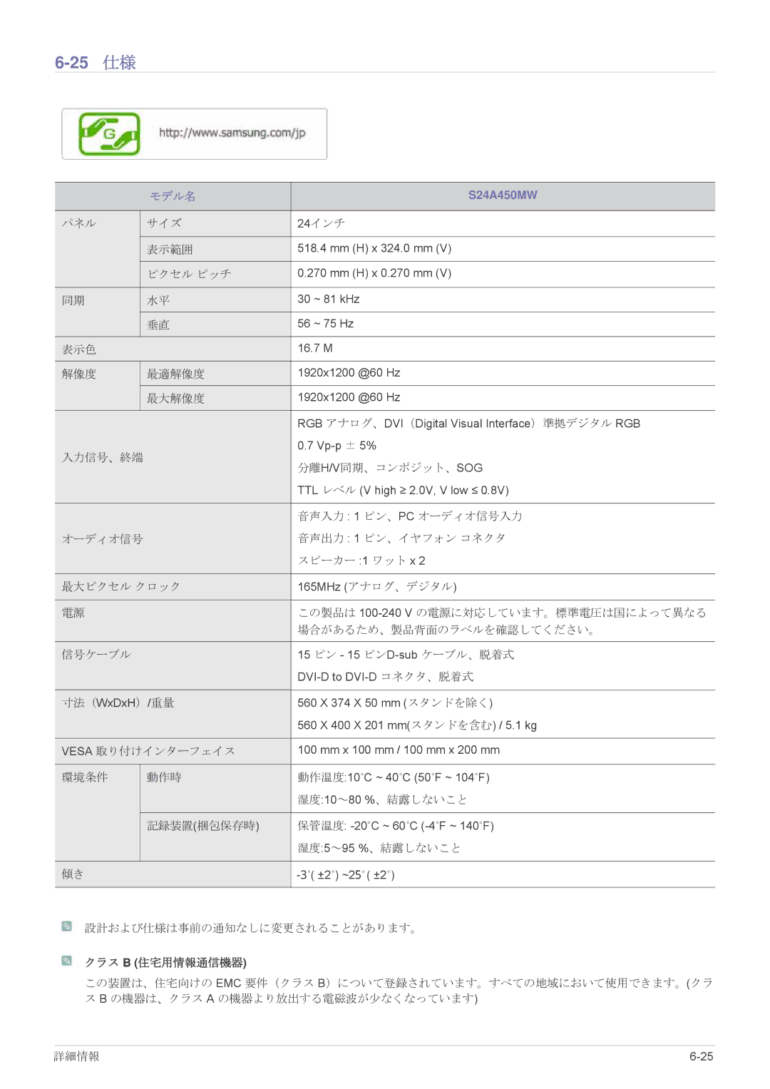 Samsung LS19A450BRT/XJ, LS19A450BRU/XJ, LS24A450BWU/XJ manual 25 仕様, S24A450MW 