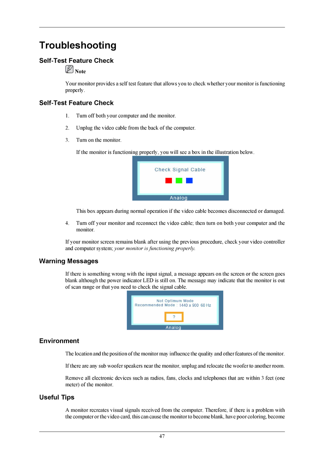 Samsung LS19AQWKFV/EDC, LS19AQWKFV/ILC, LS19AQWKFV/XSG Troubleshooting, Self-Test Feature Check, Environment, Useful Tips 