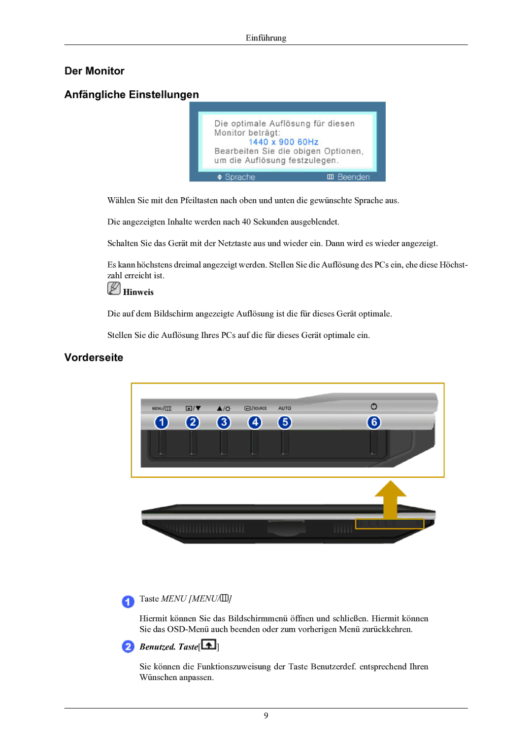 Samsung LS19AQWKFV/EDC manual Der Monitor Anfängliche Einstellungen, Vorderseite 