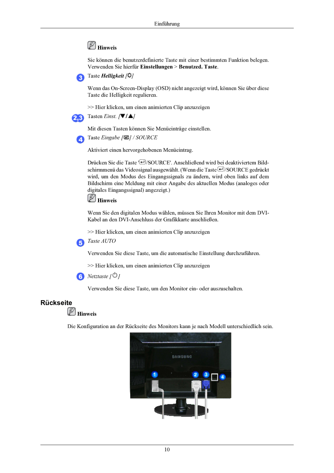 Samsung LS19AQWKFV/EDC manual Rückseite, Taste Helligkeit 