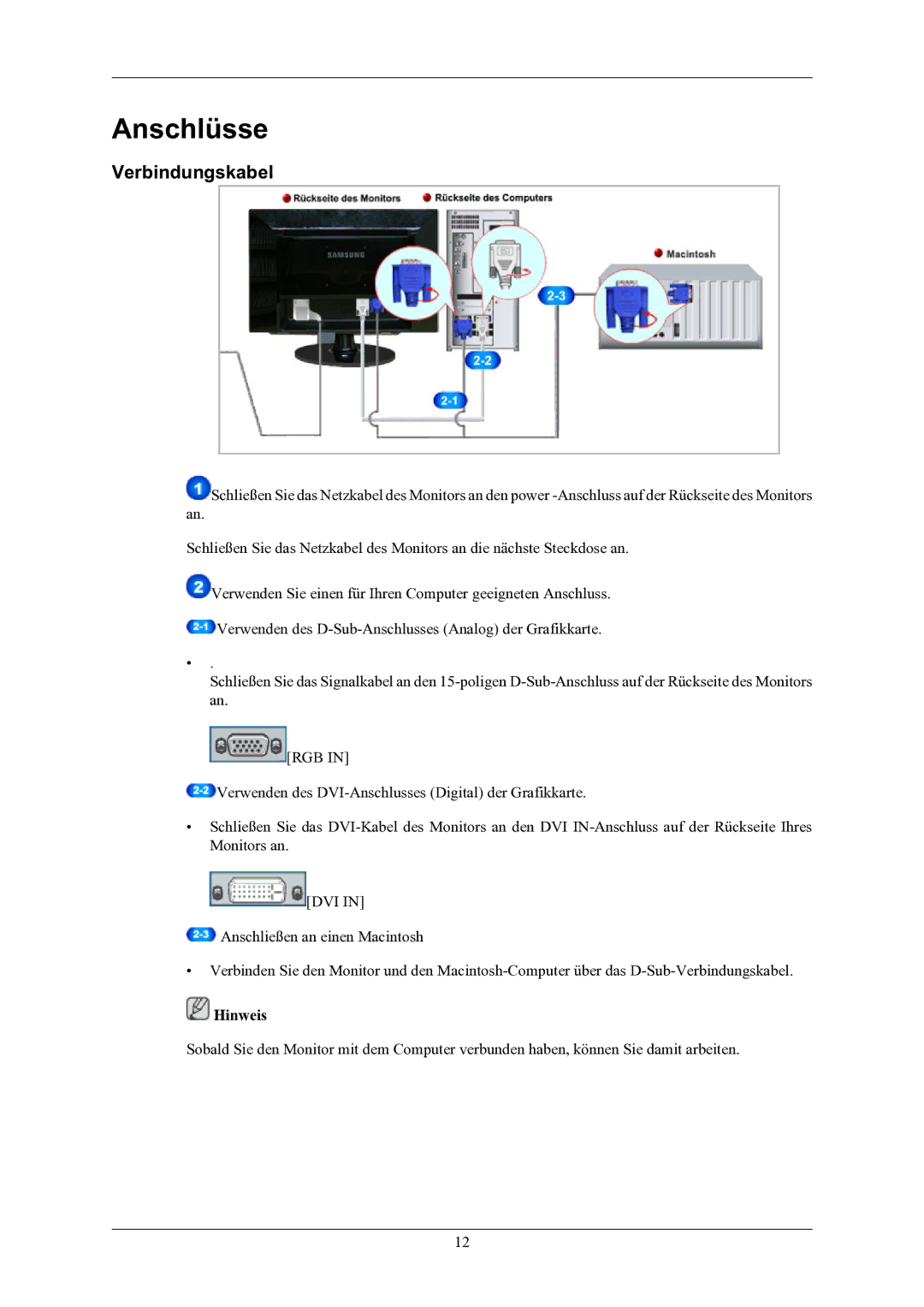 Samsung LS19AQWKFV/EDC manual Anschlüsse, Verbindungskabel 