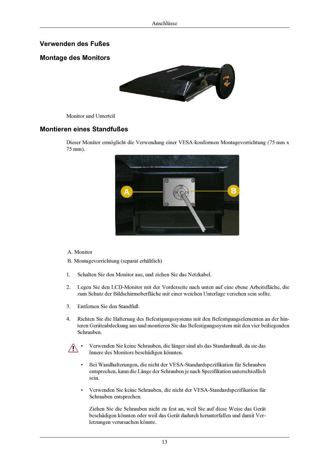 Samsung LS19AQWKFV/EDC manual Verwenden des Fußes Montage des Monitors, Montieren eines Standfußes 