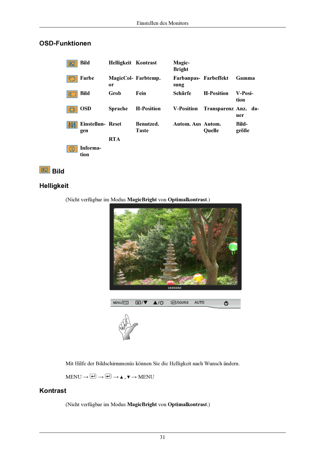 Samsung LS19AQWKFV/EDC manual OSD-Funktionen, Bild Helligkeit, Kontrast, Informa- tion 