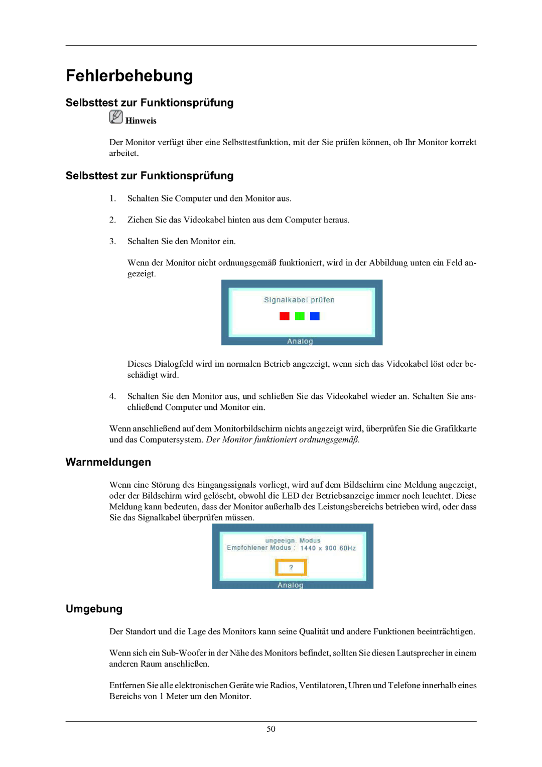 Samsung LS19AQWKFV/EDC manual Fehlerbehebung, Selbsttest zur Funktionsprüfung, Warnmeldungen, Umgebung 