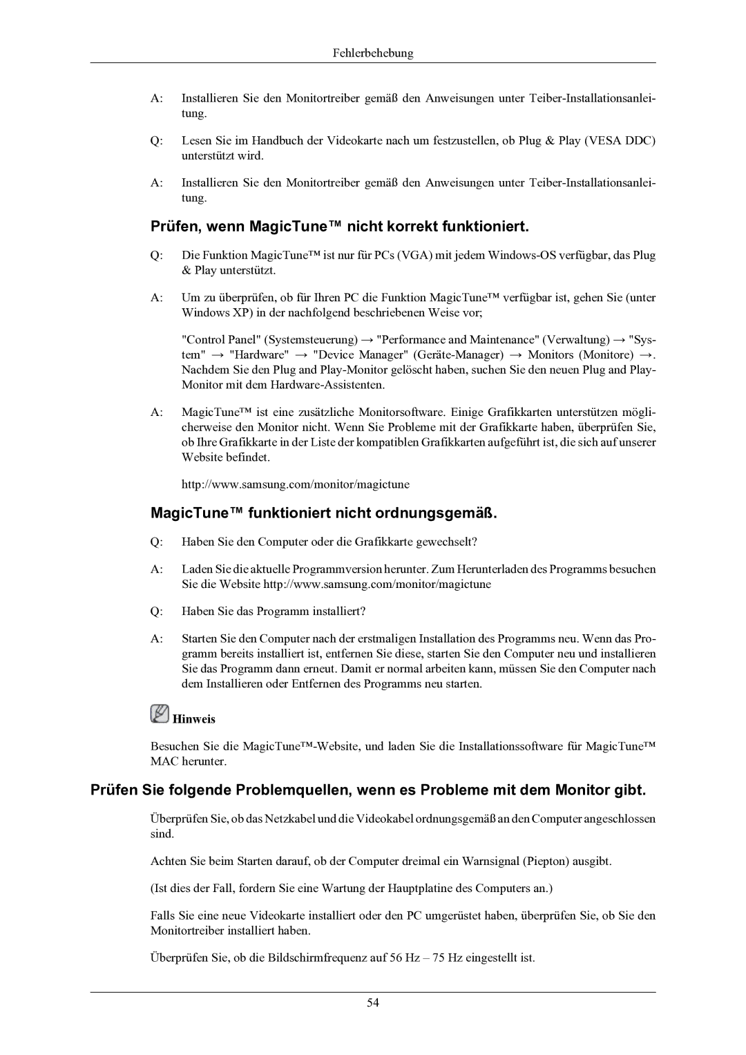 Samsung LS19AQWKFV/EDC manual Prüfen, wenn MagicTune nicht korrekt funktioniert, MagicTune funktioniert nicht ordnungsgemäß 