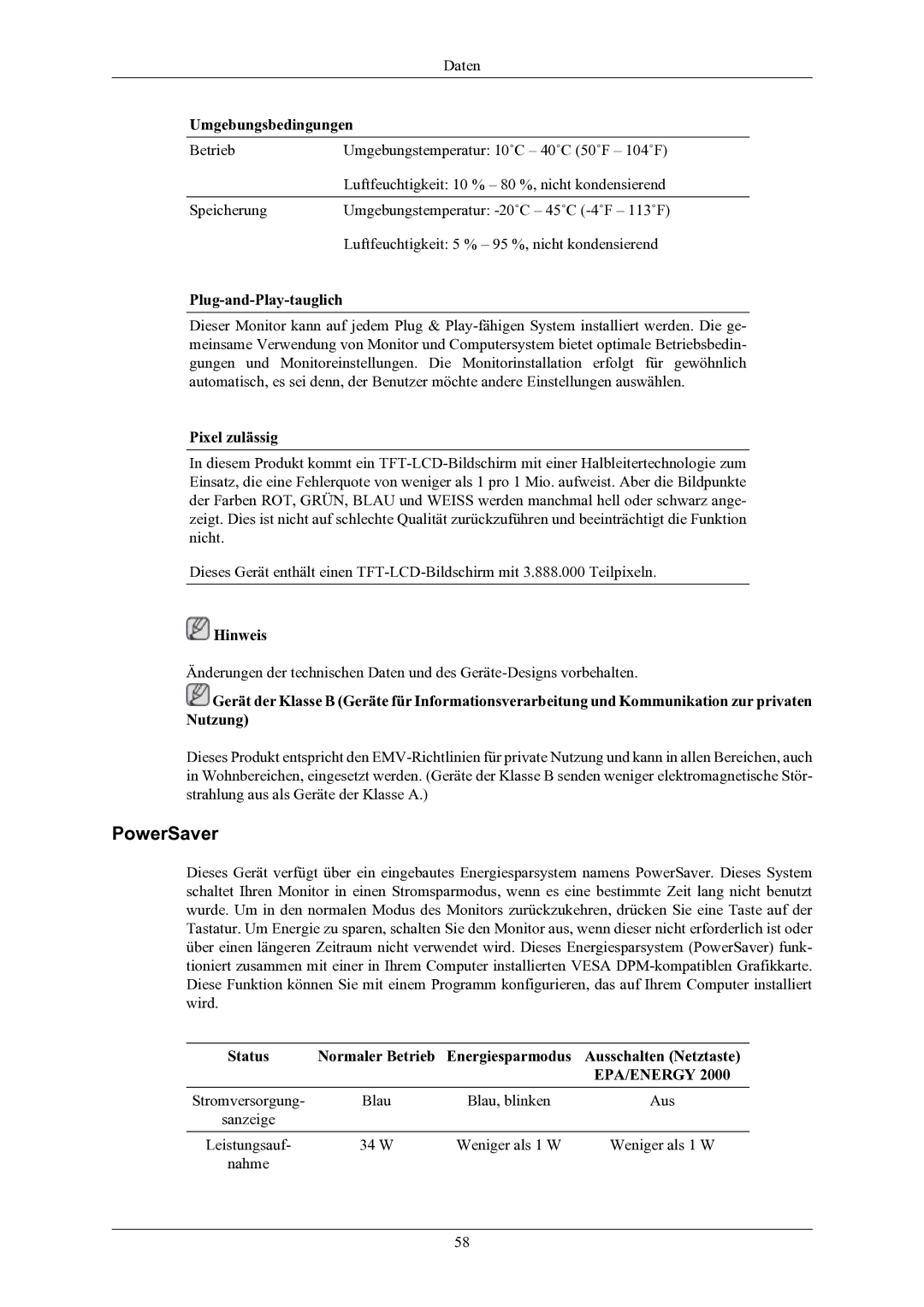 Samsung LS19AQWKFV/EDC manual PowerSaver, Umgebungsbedingungen, Plug-and-Play-tauglich, Pixel zulässig 