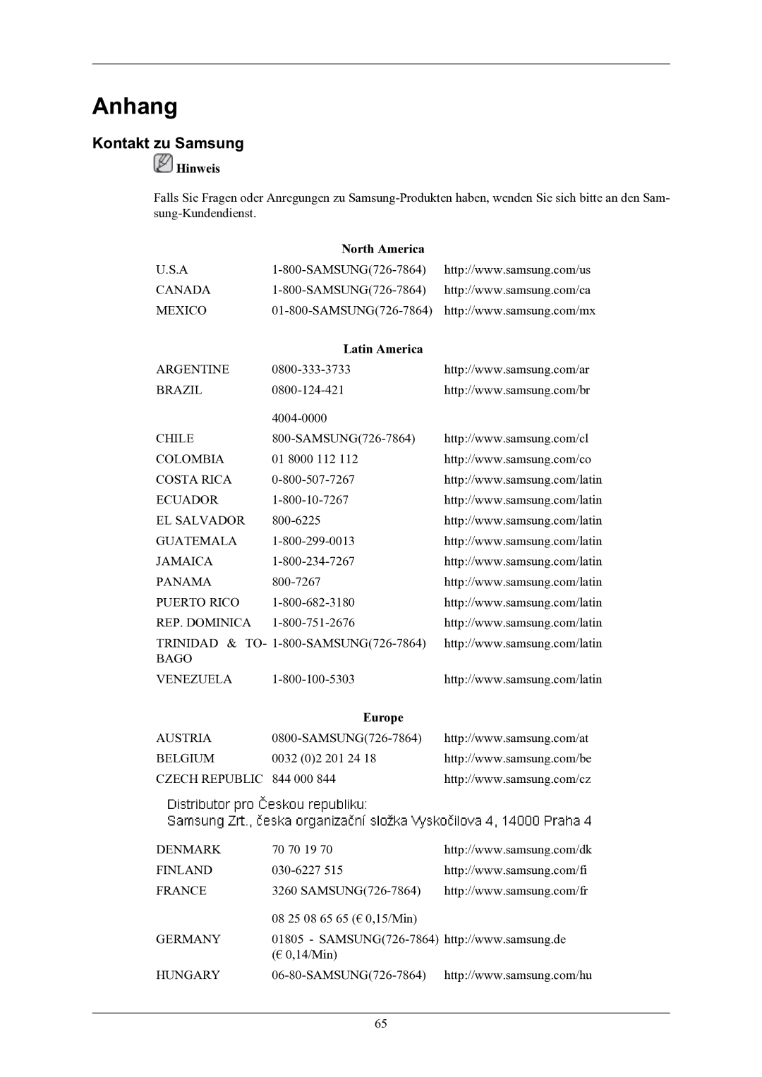 Samsung LS19AQWKFV/EDC manual Anhang, Kontakt zu Samsung, North America, Latin America, Europe 