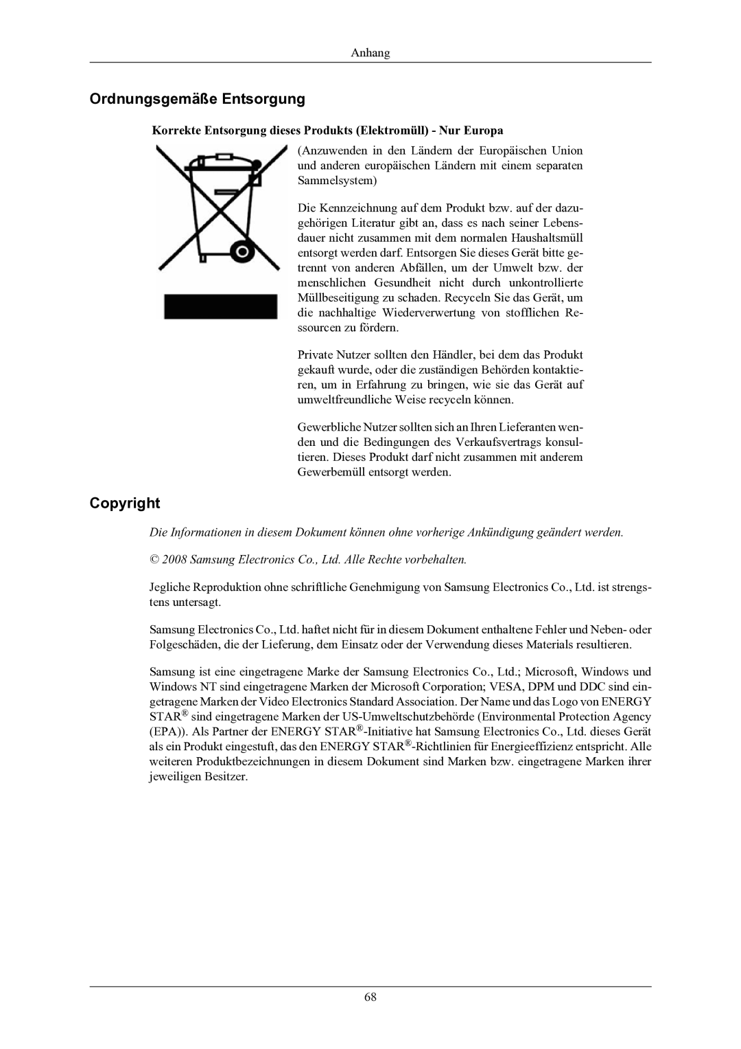 Samsung LS19AQWKFV/EDC Ordnungsgemäße Entsorgung, Copyright, Korrekte Entsorgung dieses Produkts Elektromüll Nur Europa 