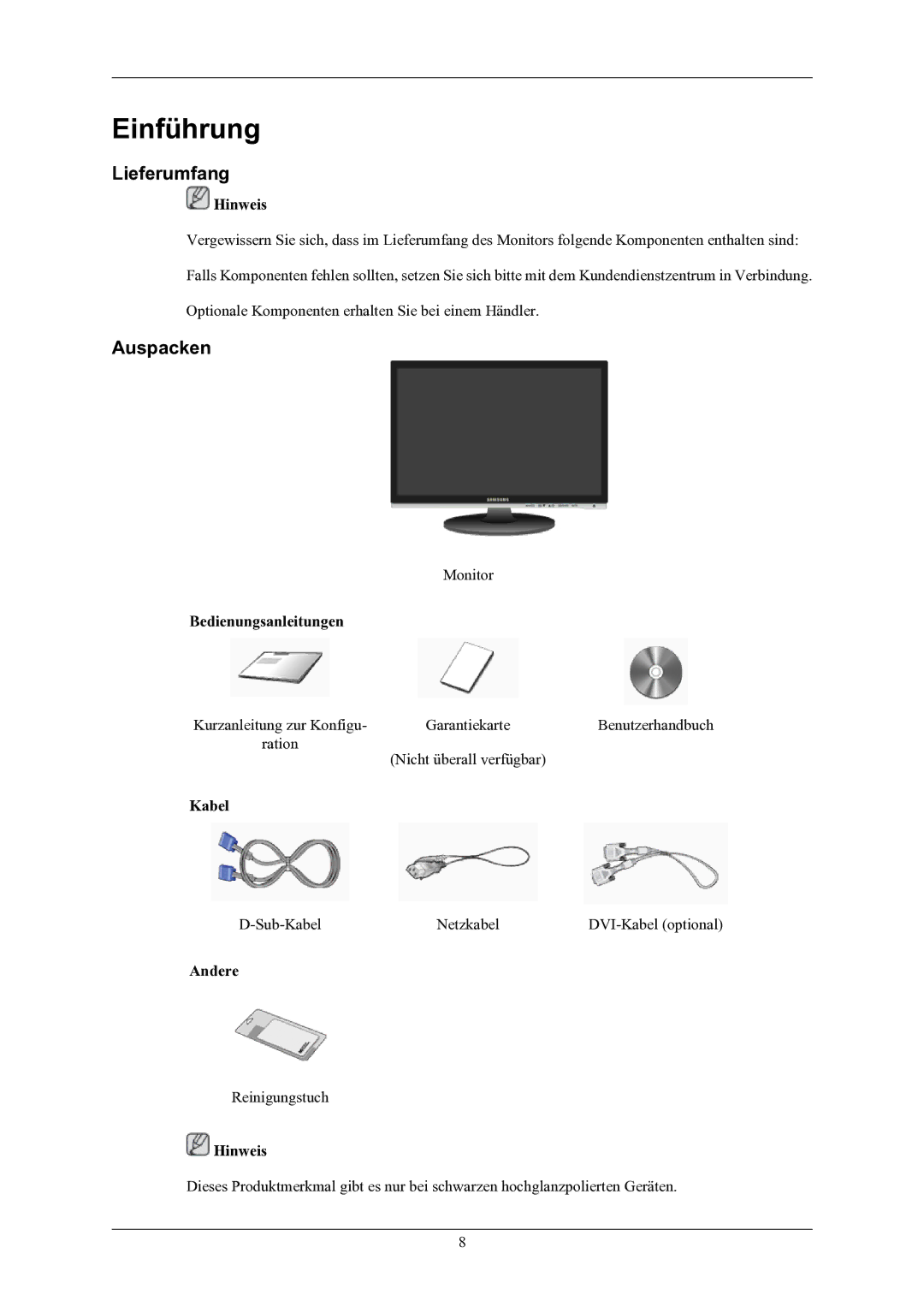 Samsung LS19AQWKFV/EDC manual Einführung, Lieferumfang, Auspacken 