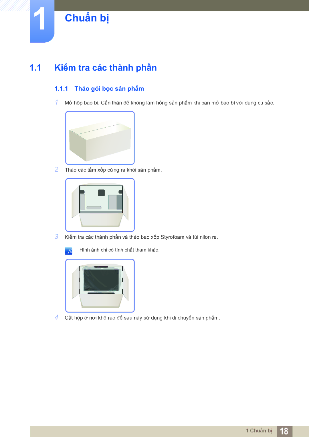 Samsung LS19B150BSMXV manual Chuẩn bị, Kiểm tra các thành phần, 1 Tháo gói bọc sản phẩm 