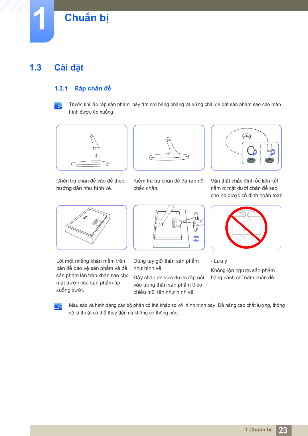 Samsung LS19B150BSMXV manual Cài đặt, 1 Ráp chân đế 